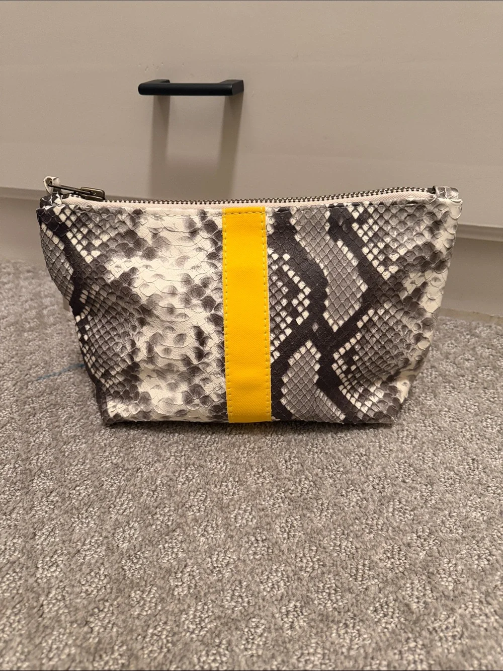 Snake-Print Cosmetic Pouch with Yellow Stripe